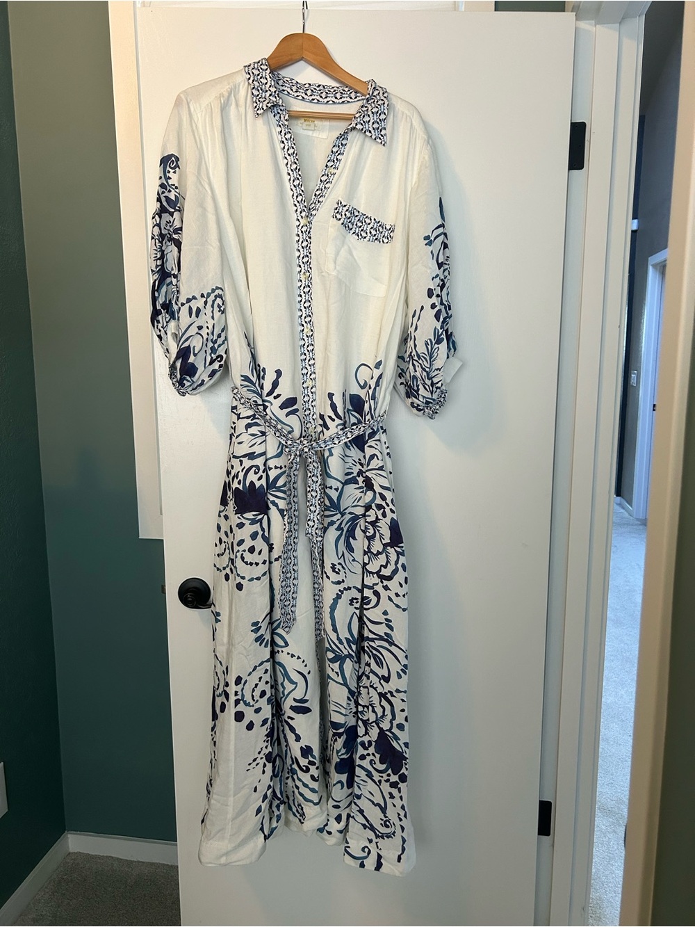 Anthropologie Mona Shirt Dress with Blue Floral Print with Tie Belt, 2X - Picture 3 of 6